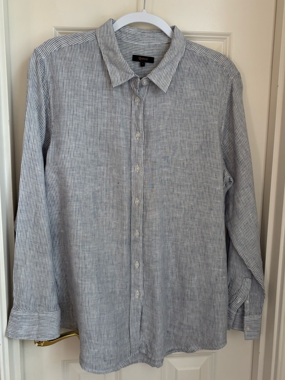 Quince Women's Linen Shirt - Light Blue Stripe size L - Picture 2 of 5